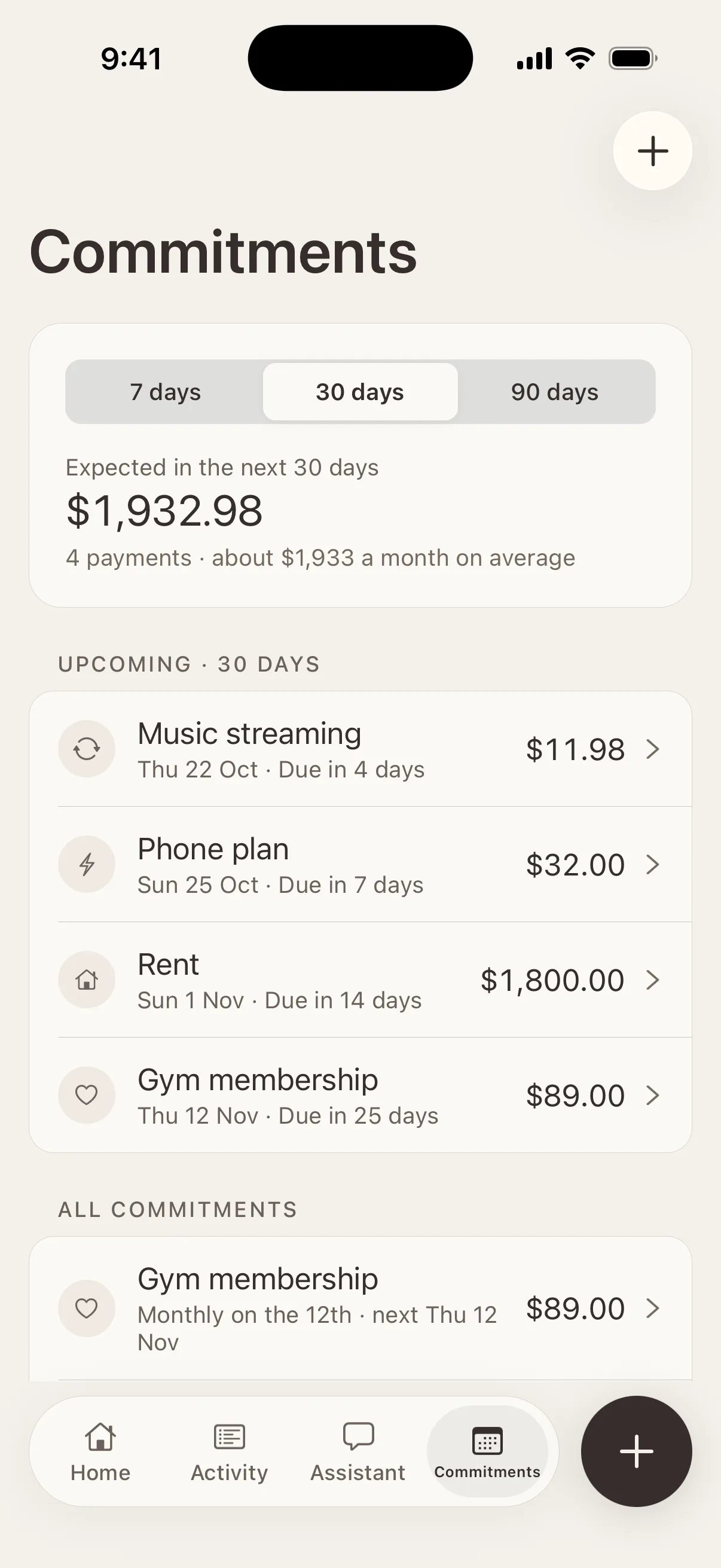 Commitments: $1,932.98 expected in the next 30 days across four payments: music streaming, phone plan, rent and gym membership, each with its due date.