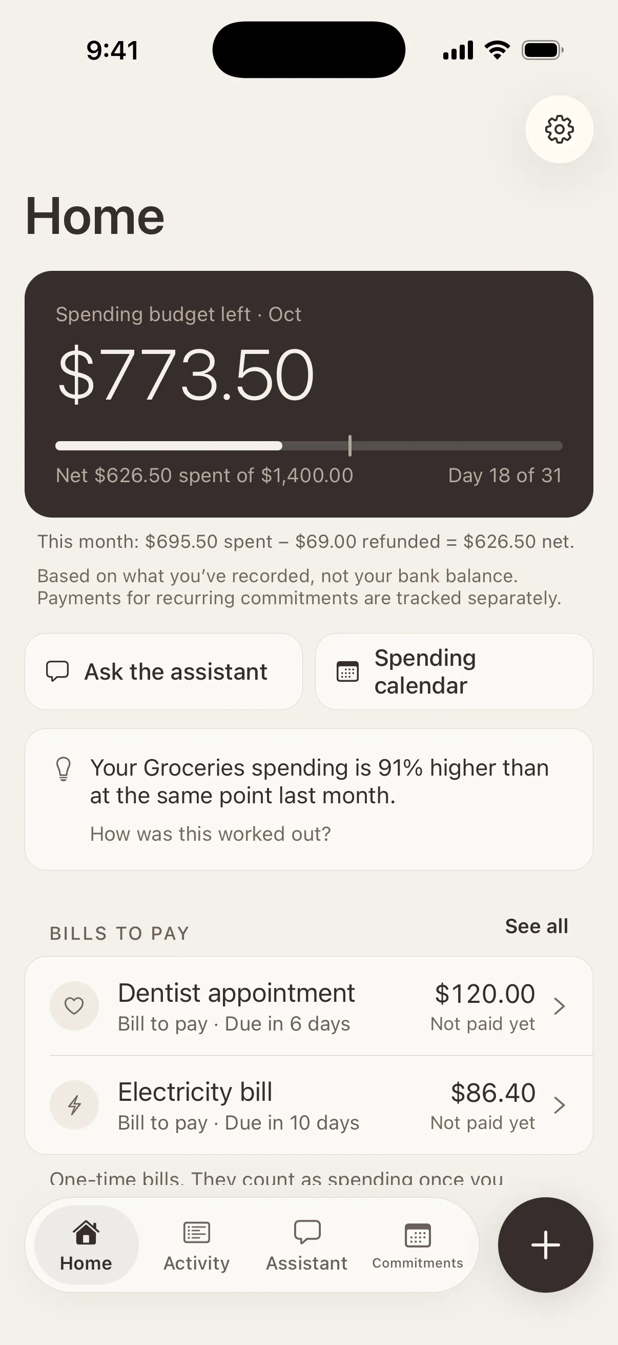 Elliue’s Home screen: $773.50 of a $1,400 monthly spending budget left on day 18 of 31, a note that grocery spending is higher than at the same point last month, and two bills to pay.